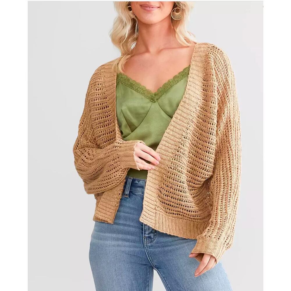SADIE & SAGE Oversized Coffee Asymmetrical Open Knit Dolman Sweater Cardigan M